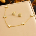 Elegant gold clover jewelry set with white shell pendant necklace and stud earrings - Clover Necklace Earrings (N2923)