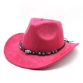 Detailed view of pink faux suede cowboy hat with turquoise beads and braided band - Faux Suede / M / Rose Red