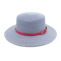 Detail of blue woven straw flat top hat with a red leather band and gold metal buckle - M(56-58cm) / Sky Blue