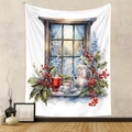 Dettaglio dell'arazzo con scena invernale ad acquerello, teiera rossa e bacche di agrifoglio - Gt2303340 / 73X95CM (Tessuto spazzolato)