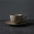 Japanese retro ceramic coffee cup and saucer set with textured V-shape pattern in taupe - 202-a Luanfeng Coffee Mug + Saucer Gray 250ml (pearl Cotton Packaging) / Universal