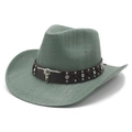Sage green straw western cowboy hat featuring a silver bull head metal emblem and studs - M (56-58cm) / Water Lily Green