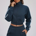 Women's dark blue sporty two-piece set with white triple stripes on the sleeves - S / Navy Blue