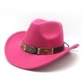 Macro shot of bright pink felt western hat featuring a brown band with metal bull head emblem - M(56-59CM) / Rose Red