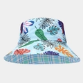 Detail of blue sun hat with tropical leaf print and reversible plaid interior design - Light Blue Tropical Leaf Style (2#色)