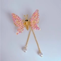 Golden butterfly hair clip with pink rhinestones and elegant pearl tassel fringes - Pink Rhinestone Butterfly (Tassel Style) (F0003) / Gold/Pink