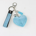 Detail of blue rhinestone heart keychain with matching crystal strap and blue silk tassel - Lake Blue
