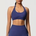 Gros plan sur l'ensemble yoga sans couture bleu foncé avec legging taille haute côtelé - Bleu Marine Foncé