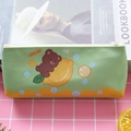 Cartoon green PU pencil case featuring a bear on a lemon with secure zipper closure - Green Series