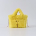 Yellow faux rabbit fur tote bag with gold chain strap and deer metal charm accent - Bright Yellow