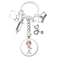 Cute medical theme keychain with silver charms and cartoon nurse glass pendant - Q Version Nurse Folder