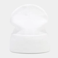Detail of pure white knitted beanie featuring high-quality tight ribbed texture and cuff - White