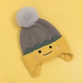 Kids dinosaur knit earflap hat in grey and yellow with green trim and grey pom-pom - Grey-Hat