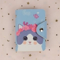 Sky blue PU leather card holder with cute cartoon cat and silver metal snap closure - White Cat on Blue