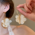 Detail of floral earrings with gold wire petals and white sheer fabric for a light look - 75# Ear Hook-White