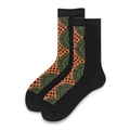 Mid-calf cotton socks in black with orange and green checkered geometric patterns - One Size (EU 35-39) / Retro Semicircle