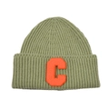 Close-up of green ribbed knit hat featuring a bright orange C letter embroidery patch - Green & Orange