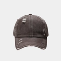 Detail of distressed charcoal grey baseball cap showing frayed edges and vintage washed texture - Adjustable / Brown