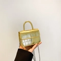 Mini gold glossy patent leather square bag with crocodile pattern and silver chain strap - Gold