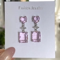 Pink heart and rectangle crystal drop earrings on white display card for women - Pink Diamond Sparkling Earrings Led-123