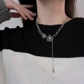 Bohemian silver double layer necklace with floral pendants and long tassel drop - Simple Tassel Flower Necklace (X1548)