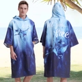Men's blue gradient hooded beach poncho with manta ray print and dry-wicking fabric - One Size / Pocket Style - Manta Ray