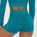 Teal ribbed seamless yoga shorts with high waist and ruched booty lifting design - S / Bottoms / Dark Lake Green