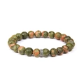 Unakite gemstone beaded bracelet with silver metal cylinder charm and green red texture - Unakite