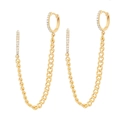 Golden link chain earrings with cubic zirconia inlay for double pierced ears - Double Piercing Chain Gold (JQH0393-GG)