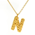Gold plated stainless steel necklace featuring a textured lava pattern letter N pendant - Gold Letter-N