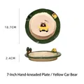 7-inch handmade ceramic round plate with cute 3D car bear pattern and green tree edge decor - 7 Inch Hand-kneaded Plate-Yellow Car Bear