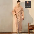 Long almond flannel bathrobe for men featuring a shawl collar and soft fleece texture - Almond (Male)