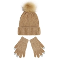 Detail of chenille knit beanie with pom-pom and touch-screen gloves set in khaki color - Camel