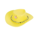 Yellow miniature cowboy doll hat with green rhinestones and pink star accent - Yellow Cowboy Hat With Cyan Rhinestone Chain