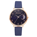 Macro detail of the starry moon dial and rose gold bezel on this quartz women's watch - Watch Only / Blue