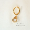 Detail view of 14mm golden hoop earring with cross engraved zircon charm and specifications - Pave Zircon Circle