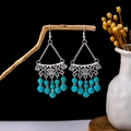 Bohemian retro turquoise tassel earrings in antique silver finish with floral hollow design - E5874-2/Antique Silver Carved Cyan Bead Tassel
