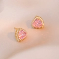 Pink heart stud earrings with cubic zirconia halo in gold finish for women - Pink Heart Pavé (E0138) / Gold/Pink