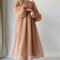 Chic apricot long sleeve dress with 3D dot texture and elegant puff sleeves - S / Khaki