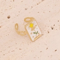 Adjustable golden lovers tarot ring with white enamel sun and rose on stone background - Tarot Lovers Style (1#)