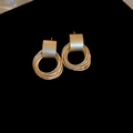 Golden multi-layer hoop earrings with brushed rectangular stud on black background - Multilayer Textured Pendants (71#)