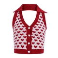 Top a lupetto in maglia rossa e bianca con bottone a cuore e colletto vintage - cuore rosso