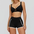 Women's black yoga set with cutout twist top and white contrast trim high waist shorts - S / Bra + Shorts / Premium Black