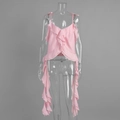 Detail of light pink ruffle camisole with deep V-neck and long chiffon flowy streamers - S / Pink