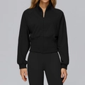 Schwarze Damen Sportjacke mit Stehkragen, Reißverschluss und schmaler Passform für Fitness - S / Premium Schwarz