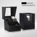 Dual carbon fiber automatic watch winders in black PU leather with clear windows - 1+0 Carbon Fiber Black + Black Fiber
