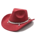 Detail of red faux suede cowboy hat featuring woven band and boot-shaped metal charm - Wine Red Suede