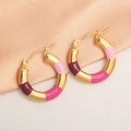 Gold plated bamboo style hoop earrings with purple and pink enamel finish in a pair - Pink Purple