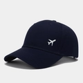 Detailed view of white airplane embroidery on a dark blue vintage baseball cap - Adjustable / Navy Blue
