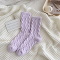 Thick warm purple cable knit crew socks in soft winter wool blend for women - One Size / Light Purple